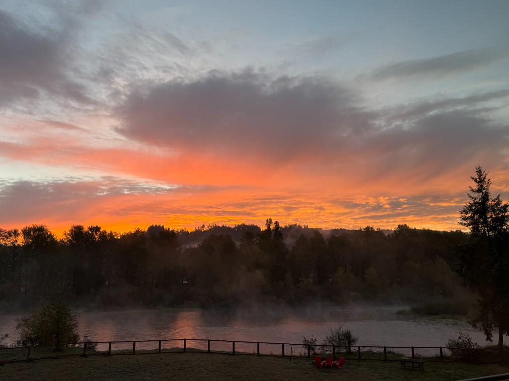 Sunrise over Lewis River Estate and Gardens property with river views near Portland Oregon and Vancouver Washington